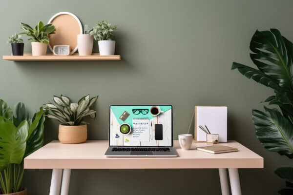 minimalist home office setup with laptop and plants, created with generative ai