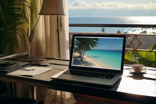 Remote job in a hotel room with sea in the background. Work remotely anywhere.